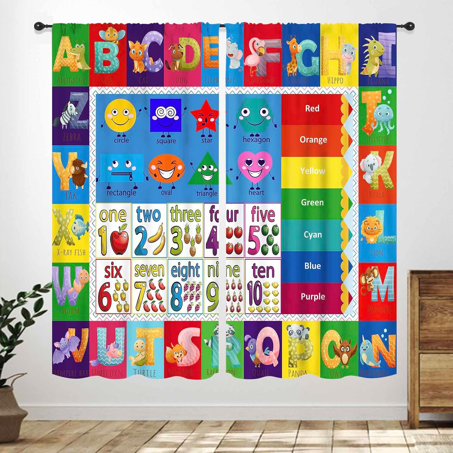Abc Kids Early Education - ABC-nummervormige gordijnpanelen, kleurrijke dierenletter- en cijfervormige