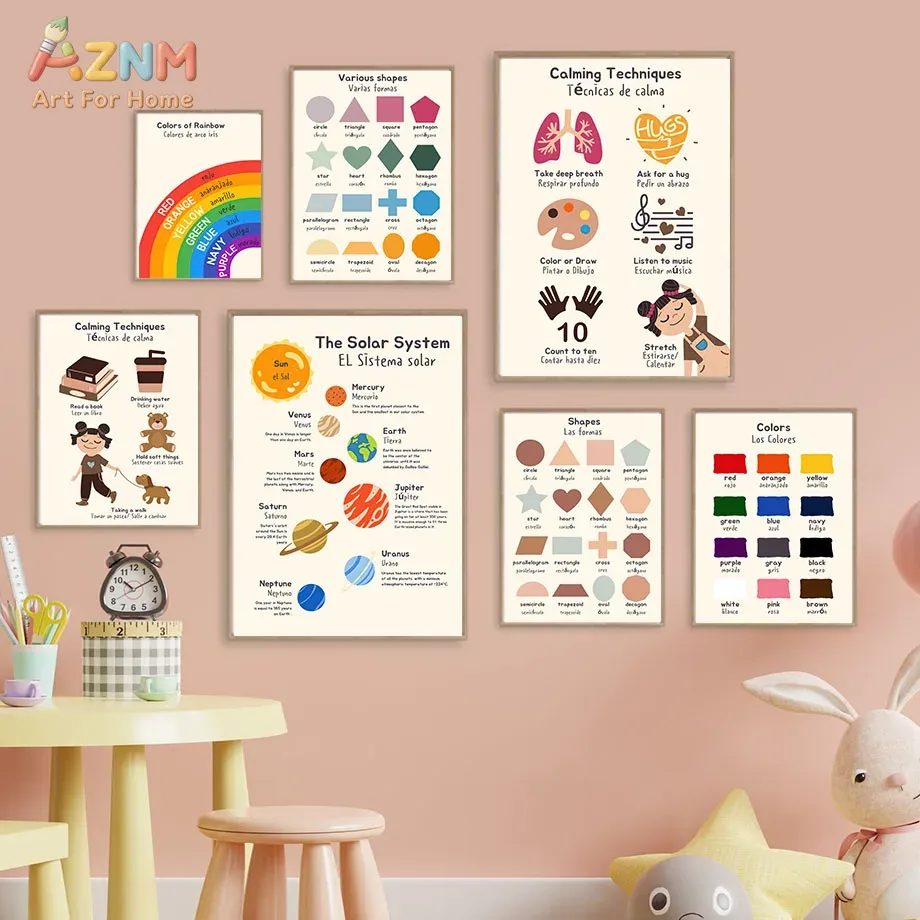 Kids Education Charts - AZNM Tweetalig Spaans Engels Educatieve canvasprint
